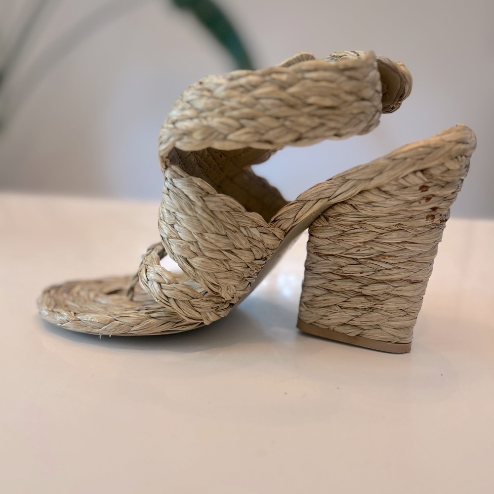 Stella McCartney Straw Espadrilles, wrap-around straps, platform heel (3.75”).